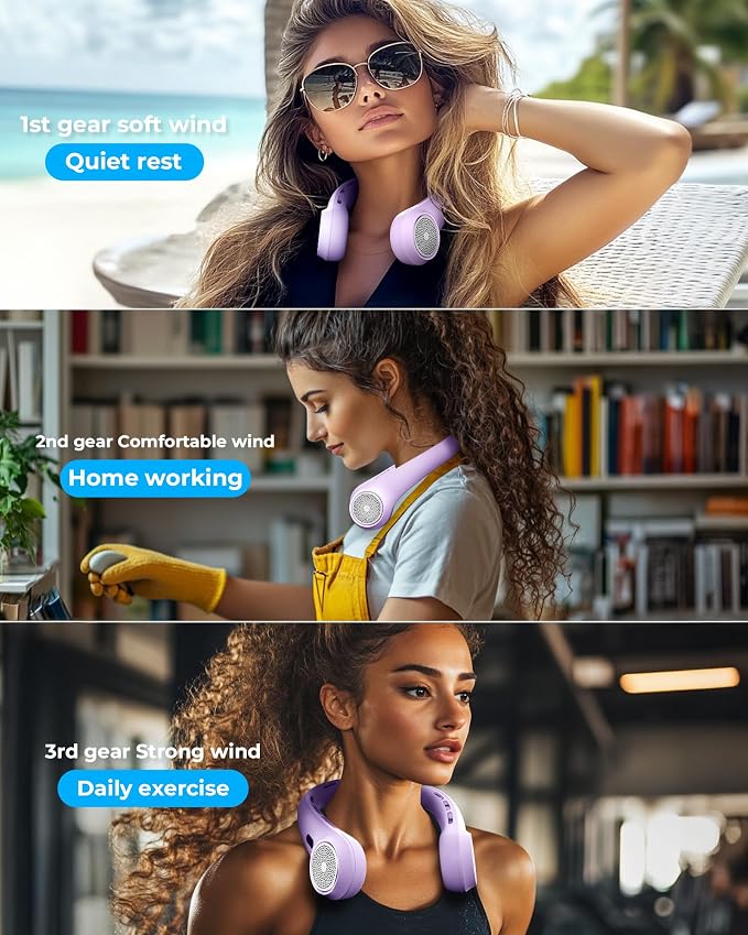 Portable Neck Fan with 4000mAh Rechargeable Battery & LED Display, Personal Cooler for Women/Men, 3-Speed Bladeless 360° Cooling Fans, Stylish Gift for Gym/Travel/Office,Light Purple