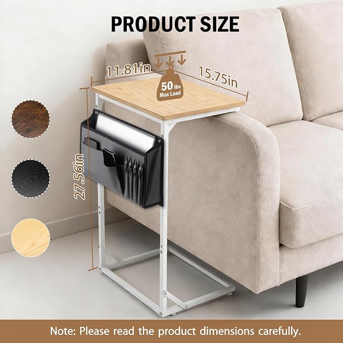 C Shaped End Table for Couch, Small Side Table for Living Room & Bedroom, Slide Under Sofa Table for Laptop, Coffee, Snacks, Easy Assembly, Modern Design