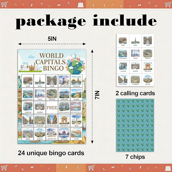 World Travel Bingo Game Cards, World Capitals Bingo Set For Adults Large Group, City Themed Fun Games, Icebreaker Games for Indoor Outdoor Activities, Travel Lover Gifts For Family Friends, 15