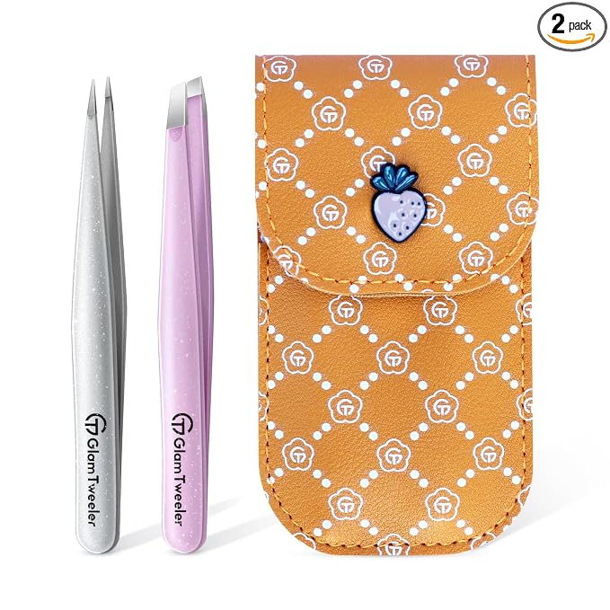 Expert Slant and Point Tip Tweezer Set with Exclusive Storage & Carrying Case, GlamTweeler Sharp & Precision Tweezer Set for Eyebrows, Facial Hairs & Fine Hairs Removal (Sparkle Baby Pink + Silver)