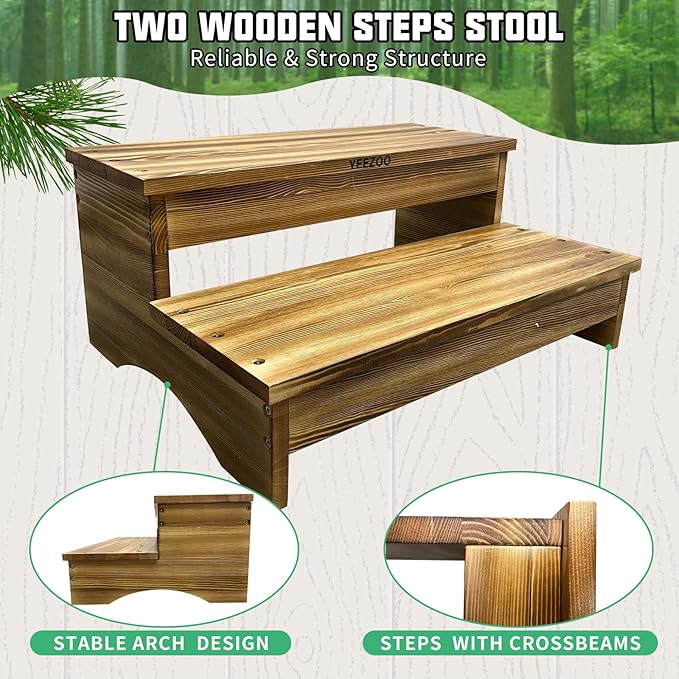 Long Wooden Step Stool, 2 Steps Wood Stool with Non-Slip Pads for Kitchen high Bed for Kids, Adults and Elderly (26.8" L*20.1" W*11.8" H)