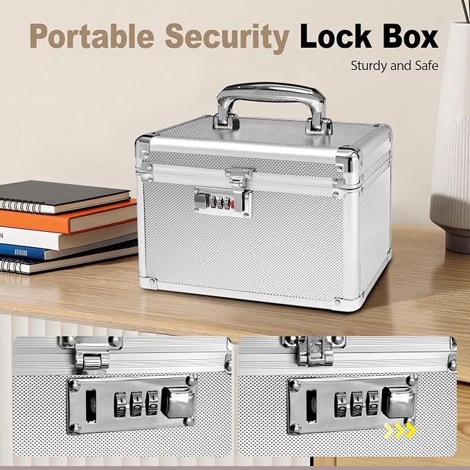 Silver Medication Combination Lock Boxes with Code for Personal Items, Medicine Lockbox for Documents 9.76 x 6.02 x 7.48 Inches Colorful Small