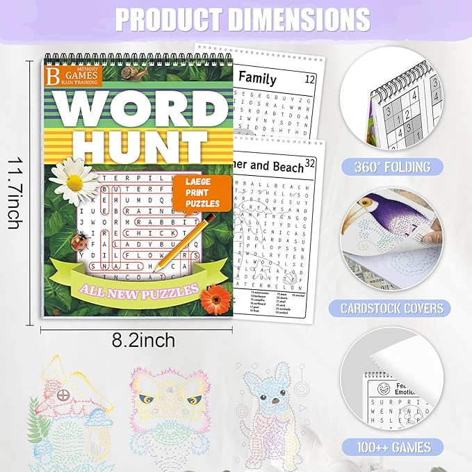 Vashly Large Print 300+ Memory Activities for Seniors: 5-in-1 Set Brain Exercise Books with Sudoku, Crossword, Word Hunt, Dot to Dot, A4 Thick Paper Spiral Bound, Gift for Elderly Adults
