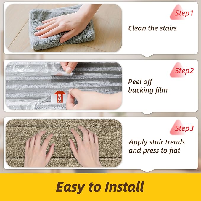 JSEI Stair Treads for Wooden Steps Indoor, 15-Pack, 30" x 8", Beige | Non Slip Stair Treads, Washable Polyester Stair Mats with TPE Backing, Low Profile Stair Rugs for Kids, Seniors and Dogs
