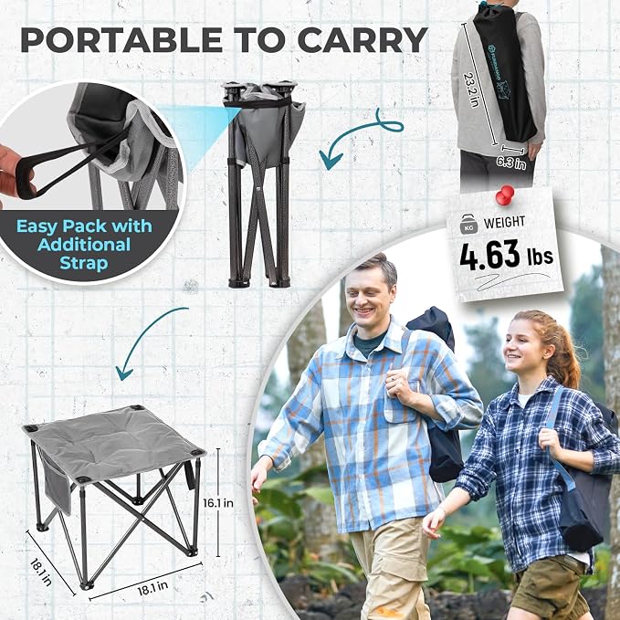 FUNDANGO Oversized Camping Stool for Adults, 2 Pack Thick Padded 18.1 Inch Folding Ottoman Foot Rest, 440 Lbs Heavy Duty Outdoor Camp Chairs with Anti-Slip Foots&Carry Bag for Fishing Travel (Grey)