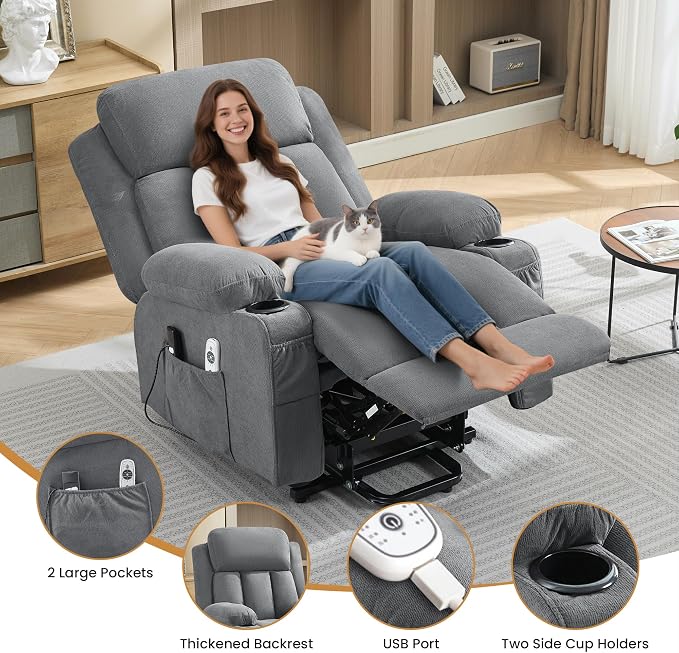 MAHOMICO Power Lift Recliner Chair for Elderly with Vibration Massage and Lumbar Heating Electric Oversized Single Sofa with Cup Holder and USB Charge Port for Living Room