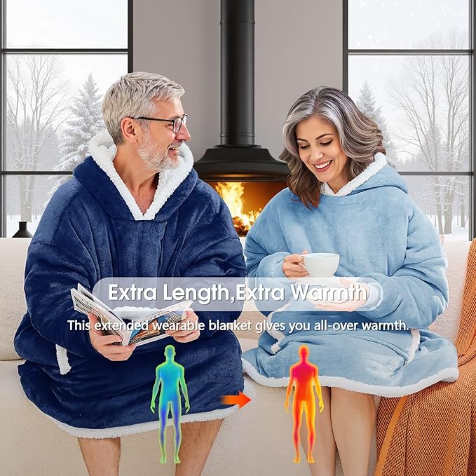 JOYWOO Oversized Wearable Blanket Hoodie,Cat lovers Long Hoodie Blanket for Adult,Birthday Gifts for Women Men Mom,Cozy Sherpa Sweatshirt Hooded Blanket Giant Pocket Winter Gifts,Denim blue Oversize