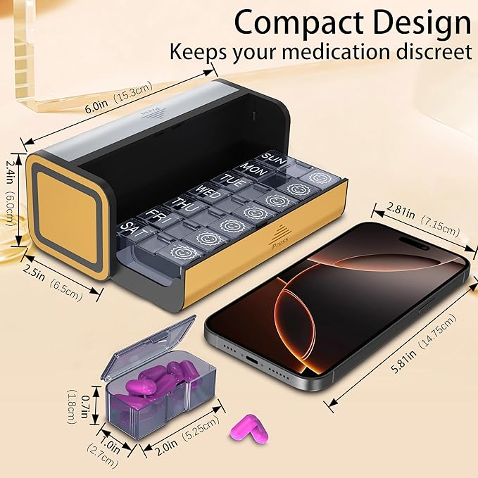 Pill Organizer, Weekly 2 Times a Day for 7 Day Leather Medicine Box Travel Container, Removable Am Pm Vitamin Case, Twice Daily Privacy Pill Holder, Portable Pillbox (Silver and Yellow)