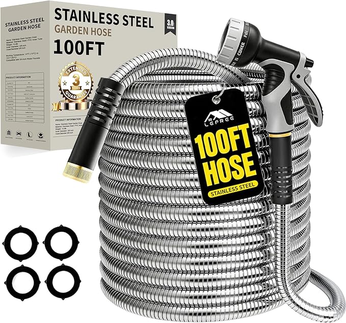 Lefree 100ft Metal Garden Hose - 304 Stainless Steel Water Hose | Flexible Heavy Duty No Kink Leak Proof with Upgraded Handle & 10 Function Spray Nozzle for Yard RV Pet Bath