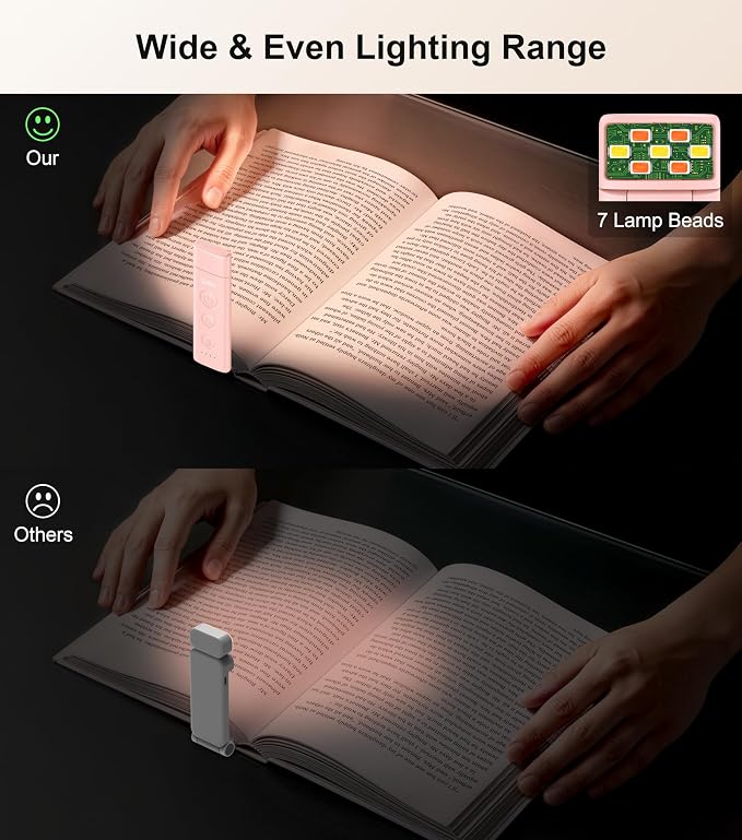 Gritin Book Light Rechargeable, Clip on LED Reading Light for Books in Bed | Eye Caring 3-Color & 5-Brightness, Stepless Dimming, Long Lasting, Compact Size Flexible Book Lamp for Bookworms-Pink