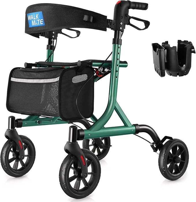 WALK MATE Rollator Walker for Seniors with Cup Holder, Upgraded Thumb Press Button for Height Adjustment, 4 x 8 Wheels Walker with Seat Padded Backrest Folding Lightweight Walking Aid, Green