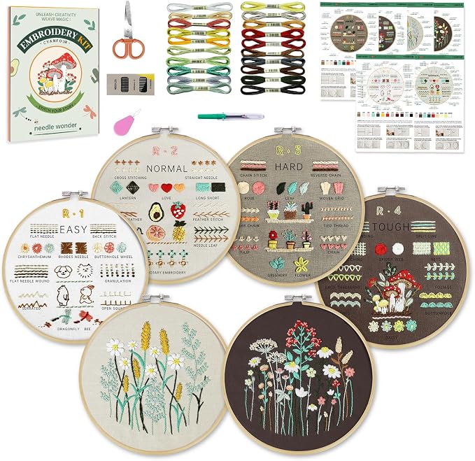 CYANFOUR 6 Stage Embroidery Kit for Beginners Adults, Easy to Learn 38 Different Stitches from Instruction & Video, Needlepoint Kits for Adults with Stamped Embroidery Patterns