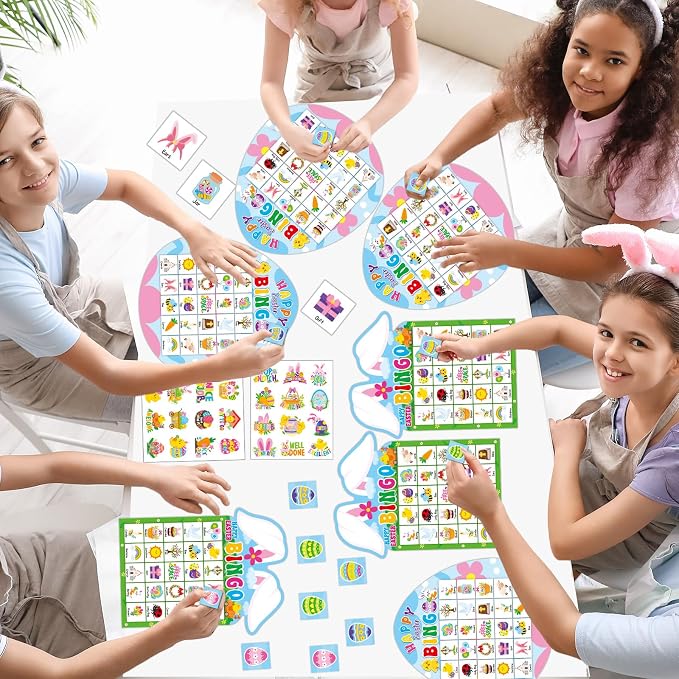 Lonfliness 39Pcs Easter Bingo Game for Adults Kids 24 Players Easter Bunny Egg Shape Bingo Game Cards with Reward Stickers for Family Friends Large Group Activities Happy Easter Spring Party Favors