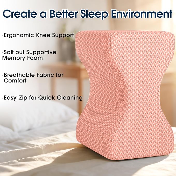 BlissTrends Memory Foam Knee Pillow, Knee Pillow for Side Sleepers, Leg Pillows for Sleeping Blood Circulation, Elevation Pillow for Spine Aligning, Sciatica, Back, Hip, Knee, Ankle Pain, Pink