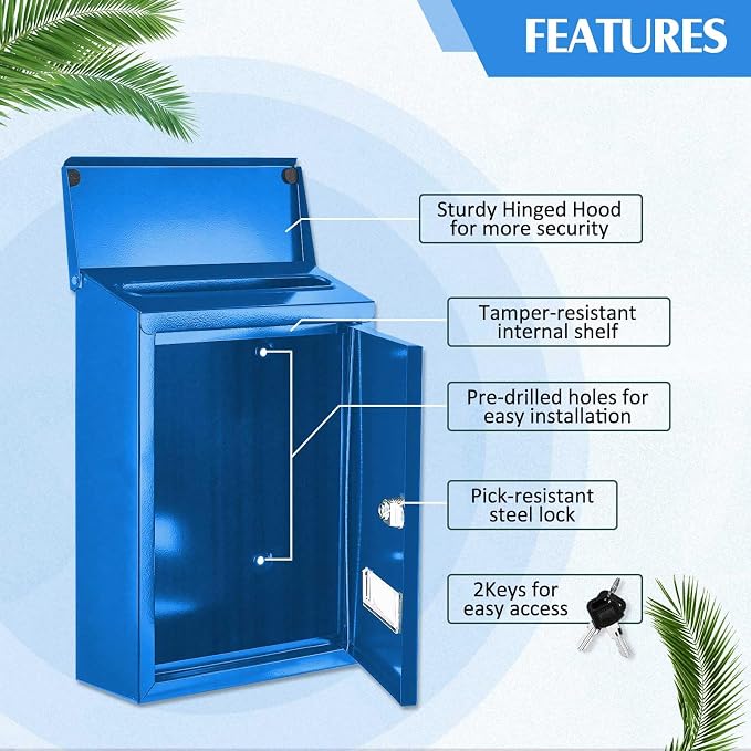 Amylove Weatherproof Mail Boxes with Key Lock, Security Locking Wall Mount Metal Mailbox with Slot for Outside, Large Capacity for Mail, Packages, Donations, Voting 11.8" H x 8.3" L x 2.8" W, Blue