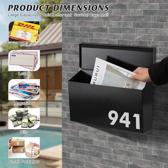 KYODOLED Wall-Mount Mailbox for House, Large Capacity Mail Box, Galvanized Steel Rust-Proof Metal Post Box, Mailboxes for Outside,15.7"x9.9"x4.9" Black