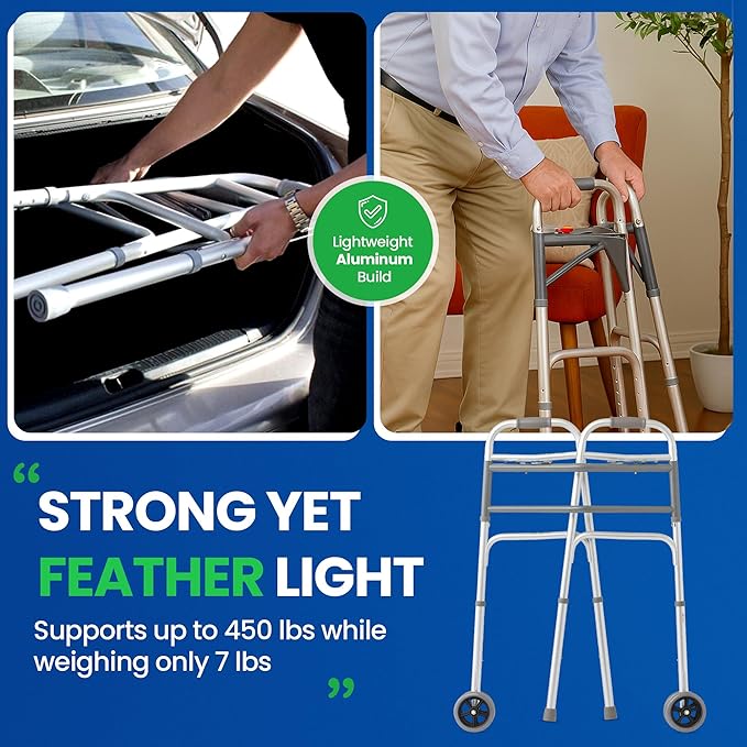 Bariatric Heavy-Duty Folding Walker with Wheels for Seniors, Adults, Extra Wide Front Wheel Walker (2 5-Inch Wheels), and Free 2 Pairs of Rear Glides Heavy Duty Sizes. Sized for Adults up to 450 lbs