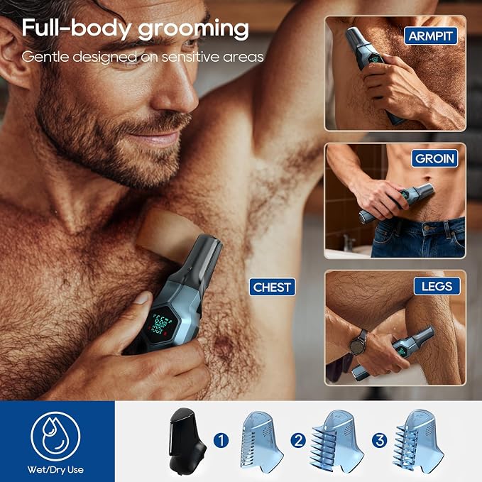 Beard Trimmer for Men, Magnetic Snap-on Replacement Heads & Charging Dock, IPX7 Waterproof Cordless Hair Clippers, Mens Grooming Kits for Mustache/Body/Face/Ear/Nose, Navy Blue