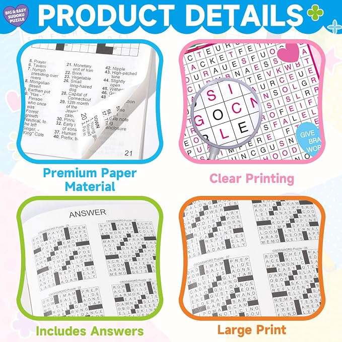 4 Pack Large Crosswords Puzzle Books for Adults Aging Seniors 6.5x9 Inches Word Find Puzzle Books with Large Print Words Activity Book Variety Themes Brain Stimulation Games and Stress Relief