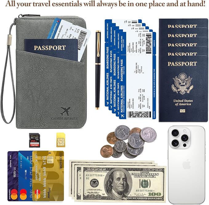 Family Passport Holder for Travel Women and Men RFID Blocking Passport Holder with Zipper Multi-functional Passport Wallet Passport Case Passport cover Travel Essentials