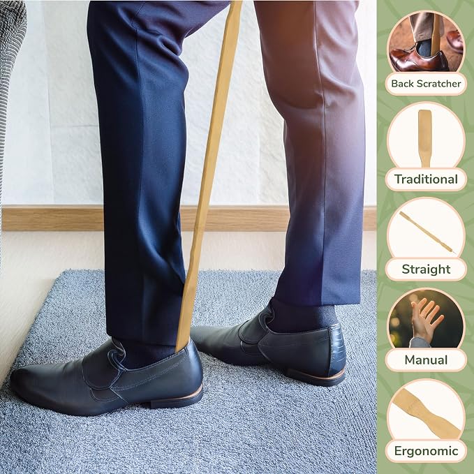 BambooMN 25 Inch Bamboo Wooden Shoe Horn Long Handle for Seniors, Men, Women, 3 Units