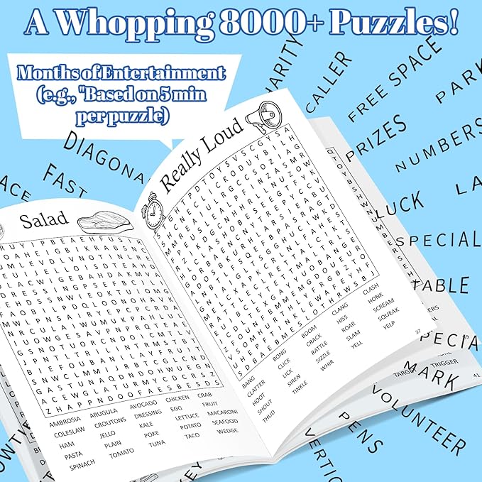 8000+ Large Print Word Search Books for Adults & Teens & Seniors, 6-Pack with 330+ Themes Puzzles Activity Books for Brain Games & Stress Relief（Innovative Shape Word Search Design）