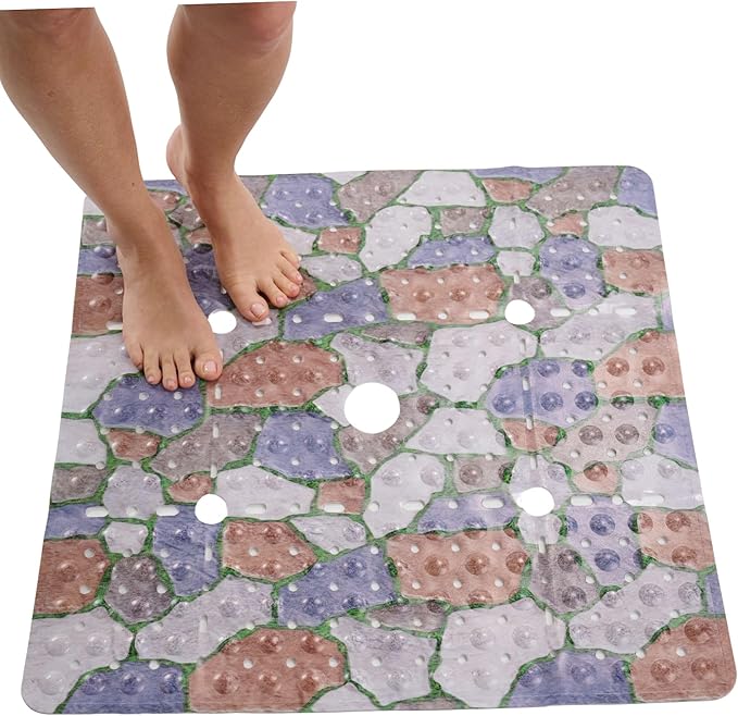 ENKOSI Square Shower Mat 27x27 inch - Anti Slip Shower Stall Floor Mat - Non Slip Shower Mats with Strong Secure Suction Cups and Drain Holes in Middle (27x27 Stone Path)