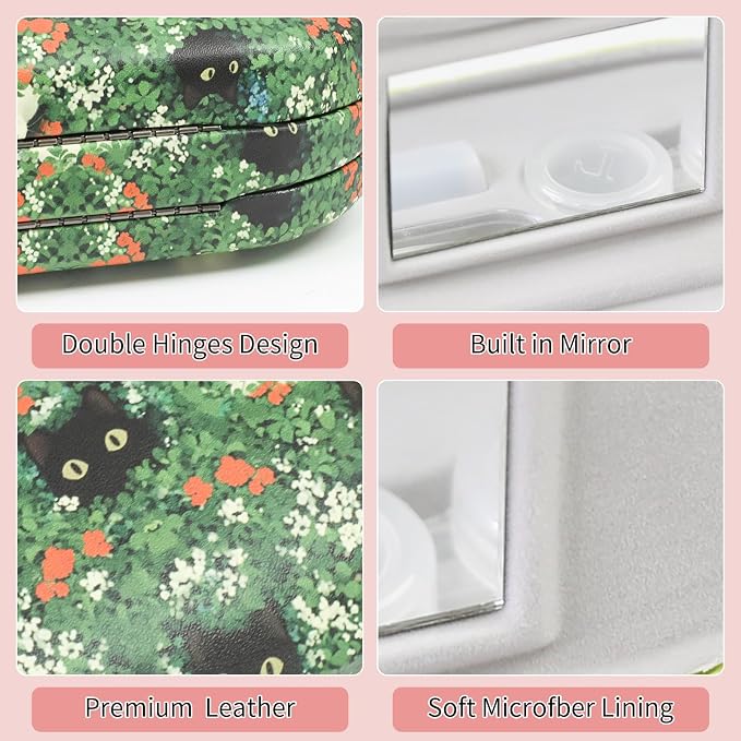 2 in 1 Contact Lens Case and Eyeglasses Case for Women Men Kids, Double Sided Hard Shell Portable Glasses Travel Holder with Built-in Mirror, Contact Lens Box Storage Kit (Green Cat)