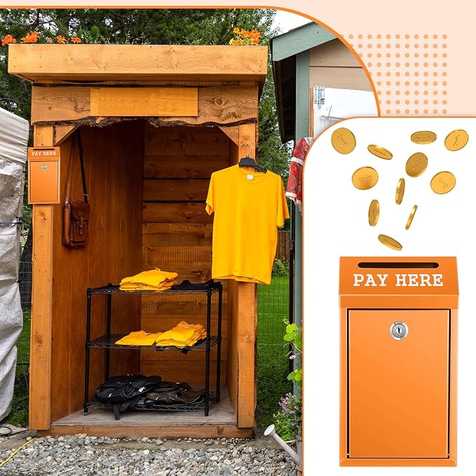 Yaocom Safe Metal Cash Box for Farm Stand – Money Drop and Secure Donation Collection, Wall Mount Lockable Unit with Pre Drilled Holes for Outdoor Self Serve(Orange,10.2 x 5.7 x 2.8 Inch)