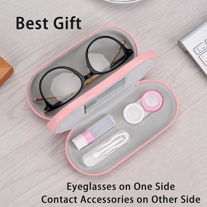 Muf 2 in 1 Contact Lens Case and Glasses Case, Double Sided Design with Mirror, Portable Travel Kit with Tweezer, Remover and Solution Bottle, Pink
