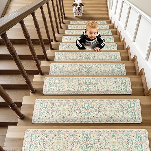 OJIA Pink Floral Stair Treads for Wooden Steps 15PCS 8"x30" Stair Runner | Non-Slip Stair Runners Rubber Carpet Treads for Wood Stairs Indoor Staircase Step Treads for Kids & Dogs, Stair Covers, Green