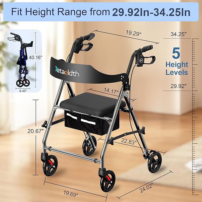 Foldable Rollator Walker with Seat for Seniors, All-Terrain Wheels, 350lb Capacity, Reinforced Inner Metal Rod for Easy Folding & One-Hand Carry, Lightweight Rolling Walker - Grey