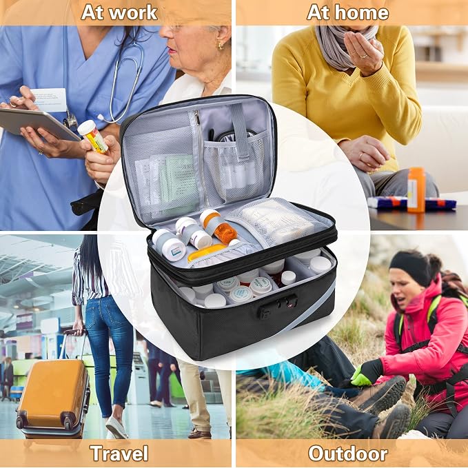 Trunab Medicine Storage Bag with Combination Lock, Pill Bottle Organizer | Lockable Travel Medication Carry Case for Medicine Box, Prescription, Vitamins, Supplements or Medical Supplies