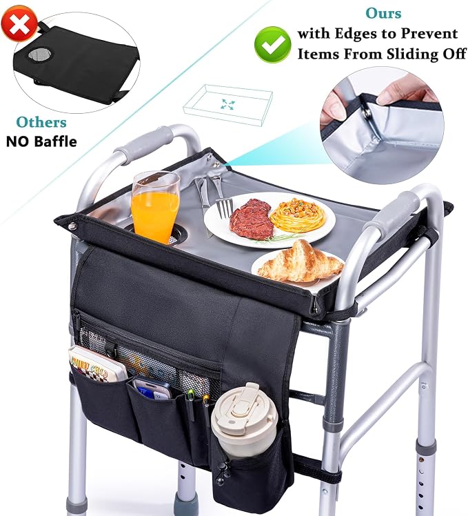 BAGSFY Walker Tray with Cup Holder & Front Walker Bag, Walker Basket for Seniors | Sturdy, Easy-Clean Tray with PEVA Surface | Universal Fit for Standard Walkers, Walker Accessories for Elderly
