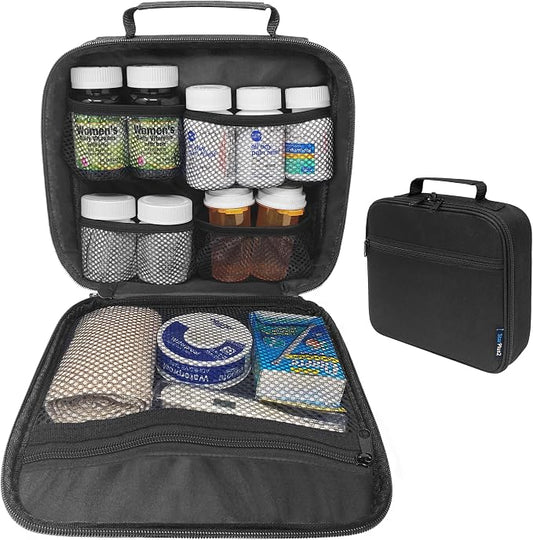 Medium Travel Pill Bottle Organizer, Slim Medicine Bag, Carrier for Medications and Medical Supplies - Black