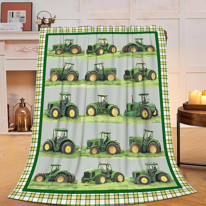 Truck Blanket Soft Cozy Green Truck Plush Throw Blanket Warm Equipment Tractor Flannel Fleece Bedding Stuff Decor Blanket Gifts for Lover Teens Kids Girls Boys Women Adults Bed Travel 40"x50"
