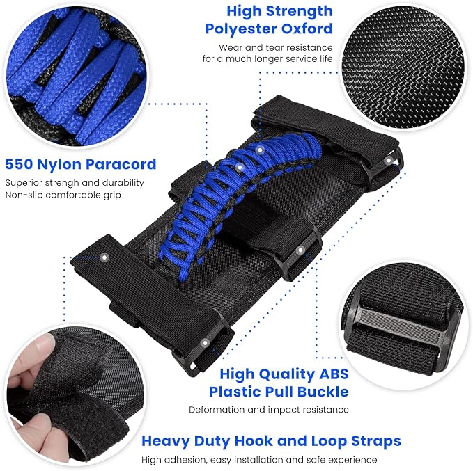 4 x Roll Bar Grab Handles Grip Handle for Jeep Wrangler JK JKU JL JLU TJ YJ Sports Sahara Freedom Rubicon Unlimited Gladiator JT 1955-2023 UTV ATV Premium 550 Paracord Interior Accessories (Blue)