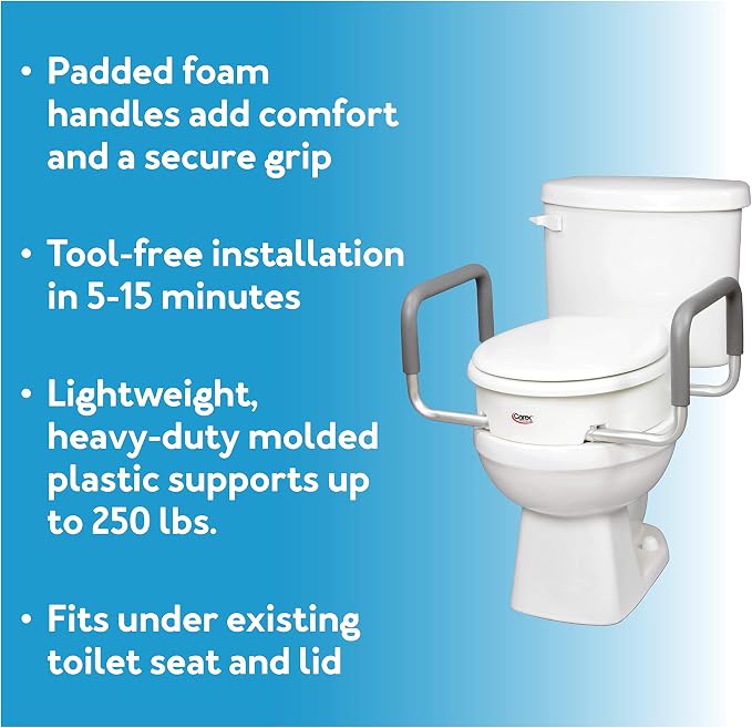 Carex 3.5 Inch Raised Toilet Seat with Arms, Round Toilet Seat Riser, 300 lbs Capacity, Elevating and Raising Seat for Elderly and Handicap, Universal, Slip-Resistant with Padded Handles, White