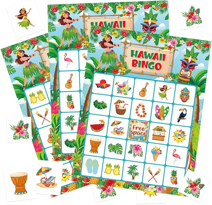 Summer Bingo Cards, 24 Players Tropical Hawaiian Party Bingo Game Cards Summer Party Games for Birthday Holiday Party Wedding School Classroom Group Activities Favors Supplies