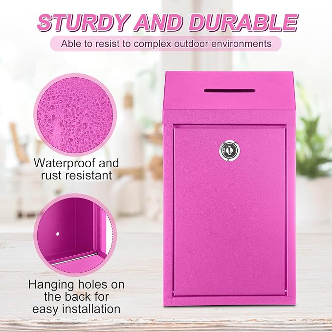 Yaocom Metal Money Box,Rose Red,10.24 x 5.71 x 2.95 Inch,No Lid | Wall Mounted Drop Donation Cash Box for Farm Stand Collection Safe Suggestion Box with Lock Container for Home Office Outdoor