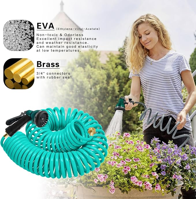 Coil Hose 75FT EVA Coil Garden Hose With 3/4'' Brass Connector Coiled Water Hose Lightweight And No Kink Includes 7 Patterns Spray Nozzle For Outdoors Lawn Watering Car Washing