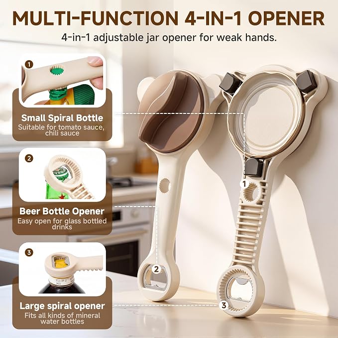 2026 Upgraded 4-in-1 Jar Opener - Adjustable Stainless Steel Lid Remover for Seniors & Arthritis Sufferers, Fits Kitchen Jars, Bottles & Cans Brown(2Pcs)