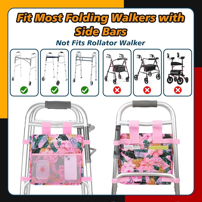 supregear Walker Side Bag, Water Resistant Accessory Basket Pouch for Folding Walkers, Lightweight Hand Free Storage Carrier Tote, Universal Size Seniors Caddy Attachment, Pink Floral