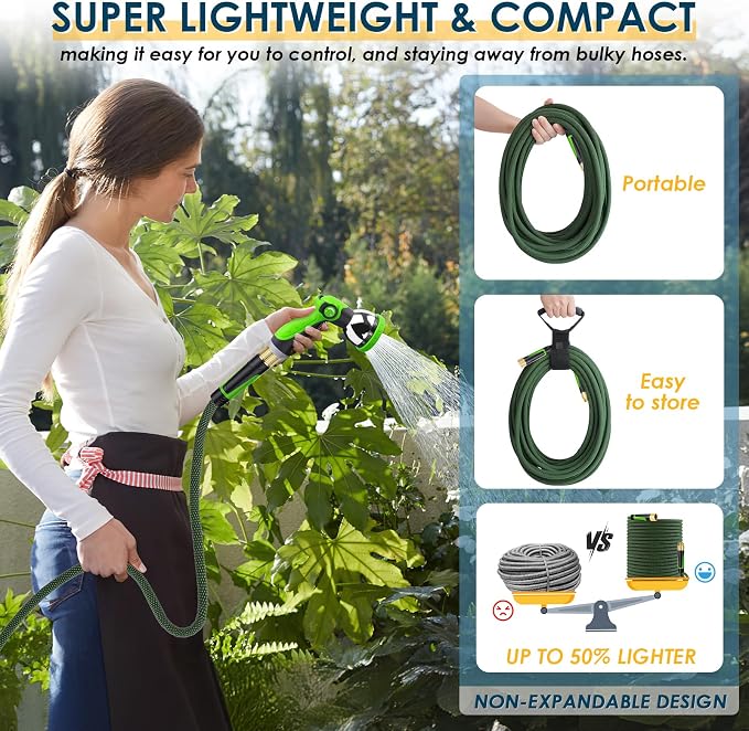 Non-Expandable Garden Hose 50 FT, Lightweight Hose with 10 Function Spray Nozzle, Kink-Free Flexible Water Hose, Durable, Leak-Proof, 360° Swivel Connectors, Portable Storage Strap