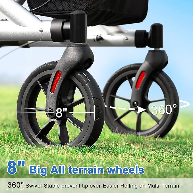 WALK MATE Rollator Walker for Seniors with Cup Holder, Upgraded Thumb Press Button for Height Adjustment, 4 x 8 Wheels Walker with Seat Padded Backrest Folding Lightweight Walking Aid, Silver