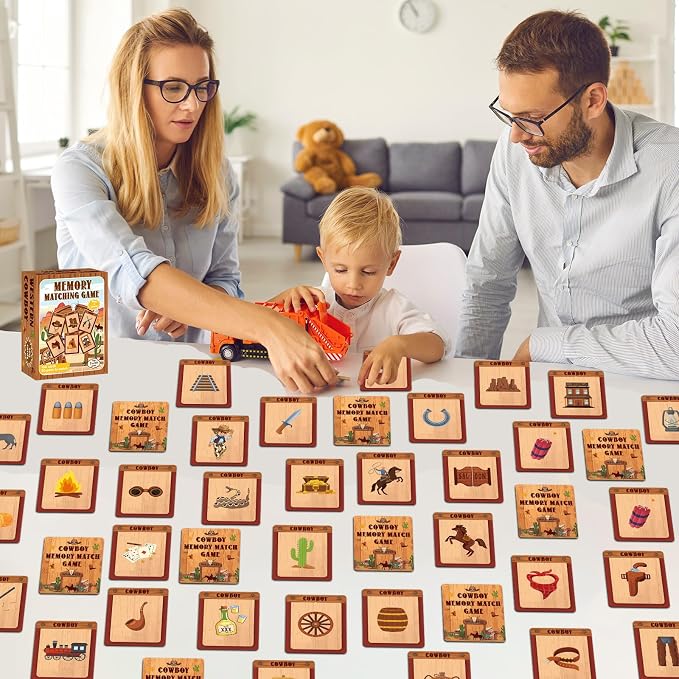 gisgfim 100 PCS Memory Matching Game Cowboy Concentration Memory Card Games for Kids Educational A Fun & Fast Western Party Favor Wild West Theme Matching Games