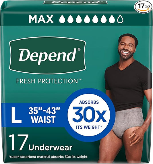 Depend Fresh Protection Adult Diapers, Incontinence Underwear for Men, Disposable, Maximum, Large, Grey, 17 Count, Packaging May Vary