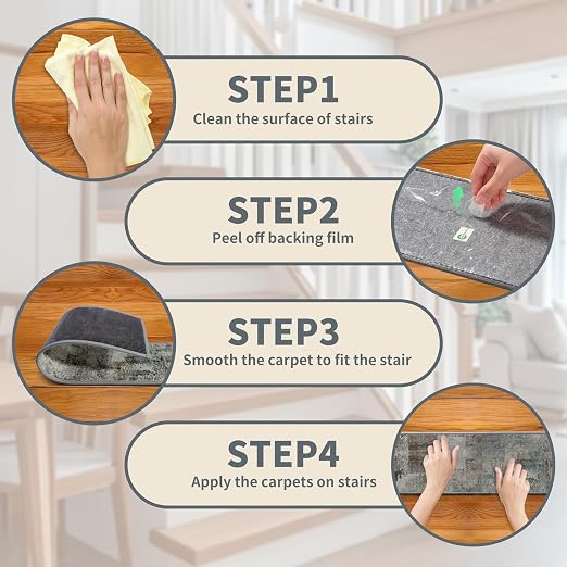 Non Slip Stair Treads for Wooden Steps, 1 Pack 30"x30" Washable Carpet | 30x30 in soft chenille polyester stair treads with reusable TPE backing for indoor wood stairs, dogs, kids, and seniors