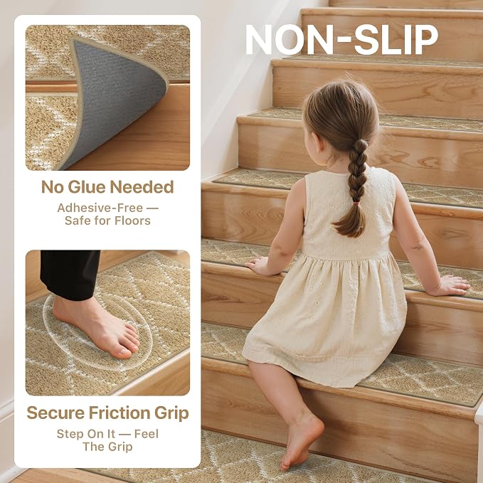 sarben 8"x30" Non Slip Stair Treads for Wooden Steps 15 Pack, Tan White | Peel and Stick Carpet Stair Runner with TPE Adhesive Backing, Carpet for Added Safety, Pet and Senior Friendly