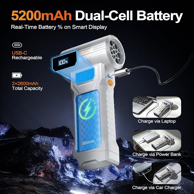 S7 Pro Compressed Air Duster, 150,000 RPM Electric Air Duster with Digital Display & LED Light, Rechargeable Cordless Air Blower, 4-Gear Adjustable for PC, Keyboard, Computer, Car, Home